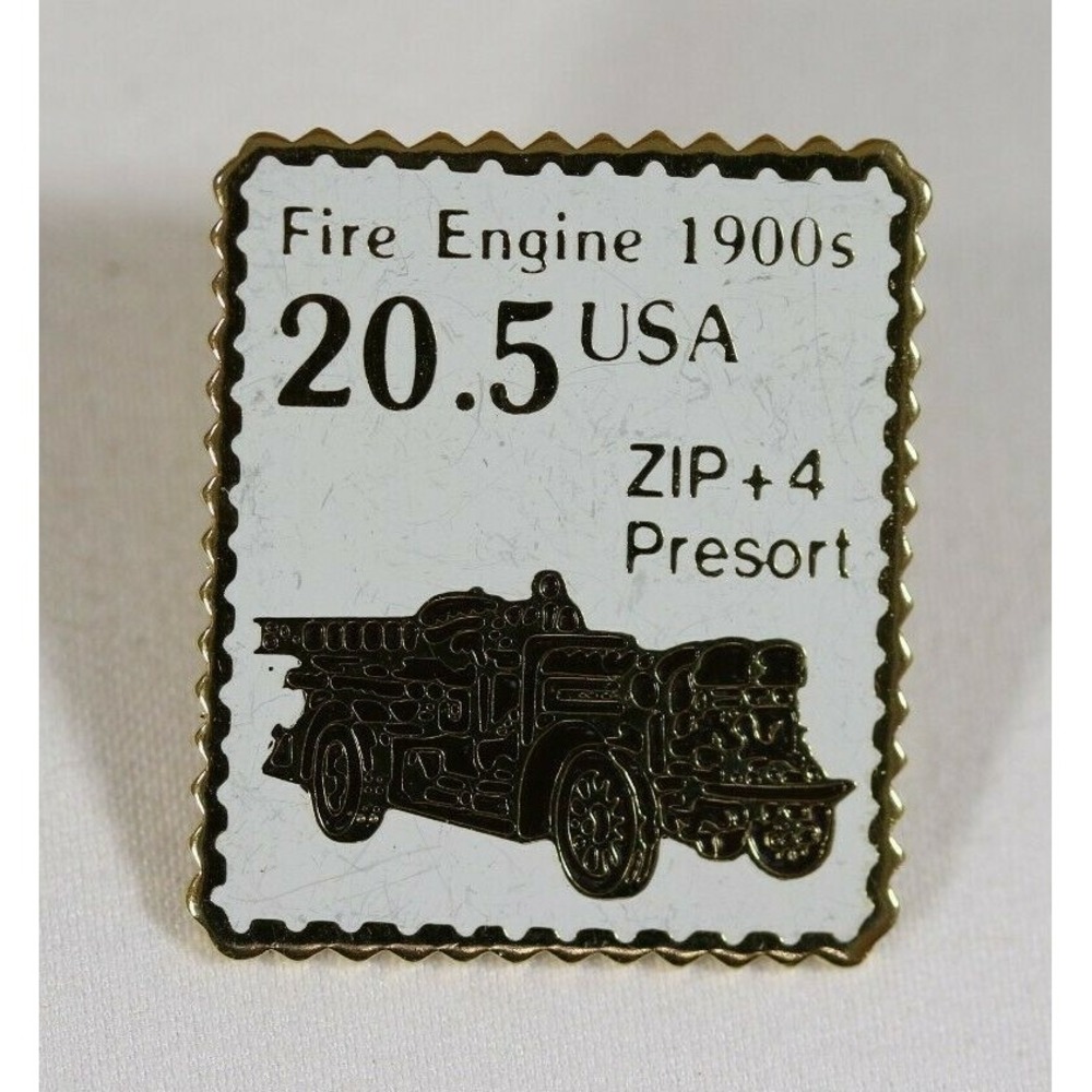 Vintage Fire Engine 1900s 20.5 Cent USA Stamp Enamel Lapel Pin Gold Tone USPS